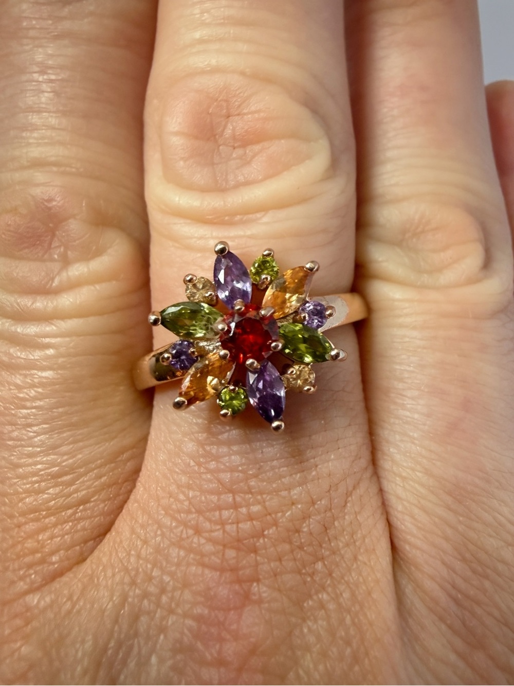 Vintage 10K GF Multicolor Rhinestone Flower Burst Ring | size 7.75